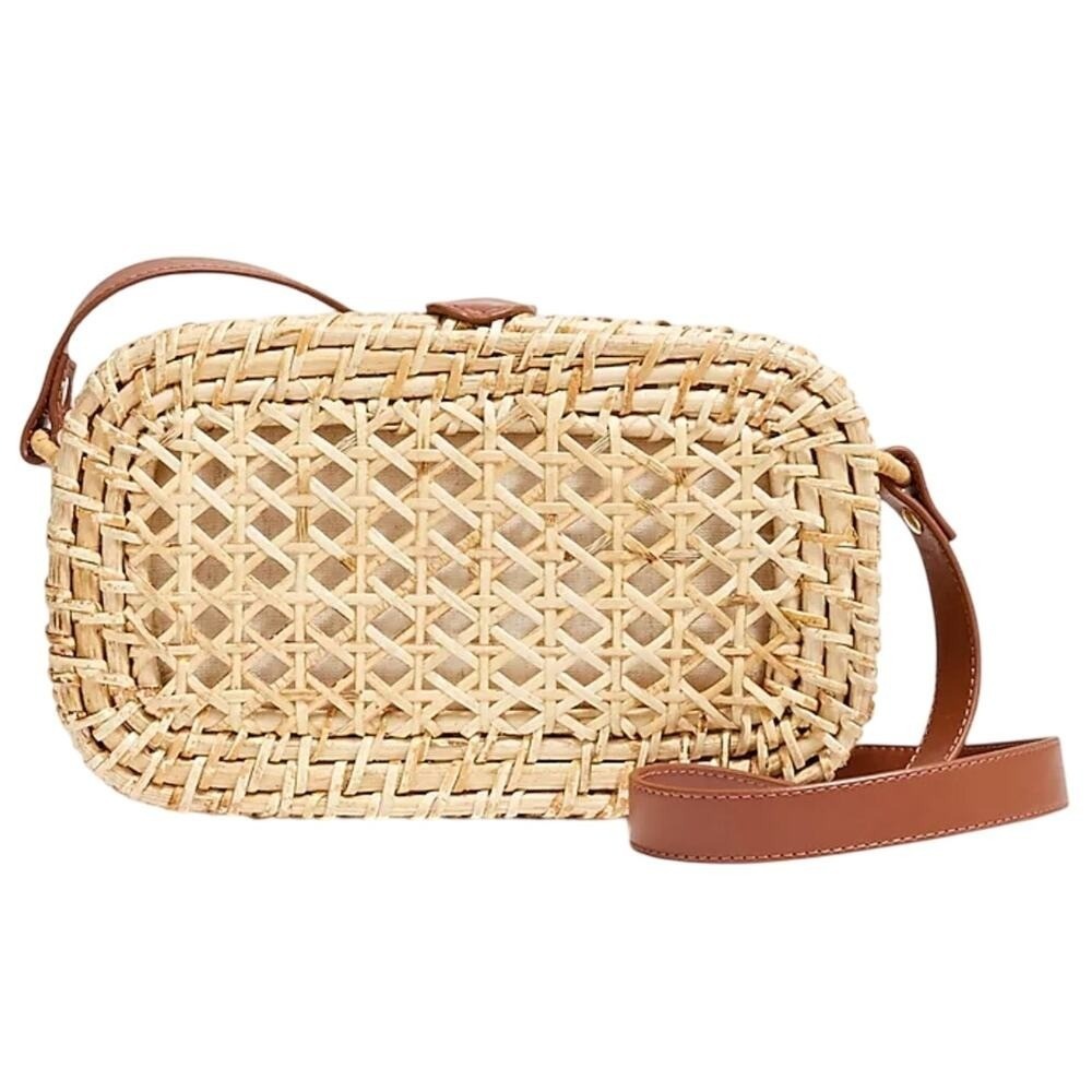 J. Crew Natural Straw Crossbody with Brown Leather Strap